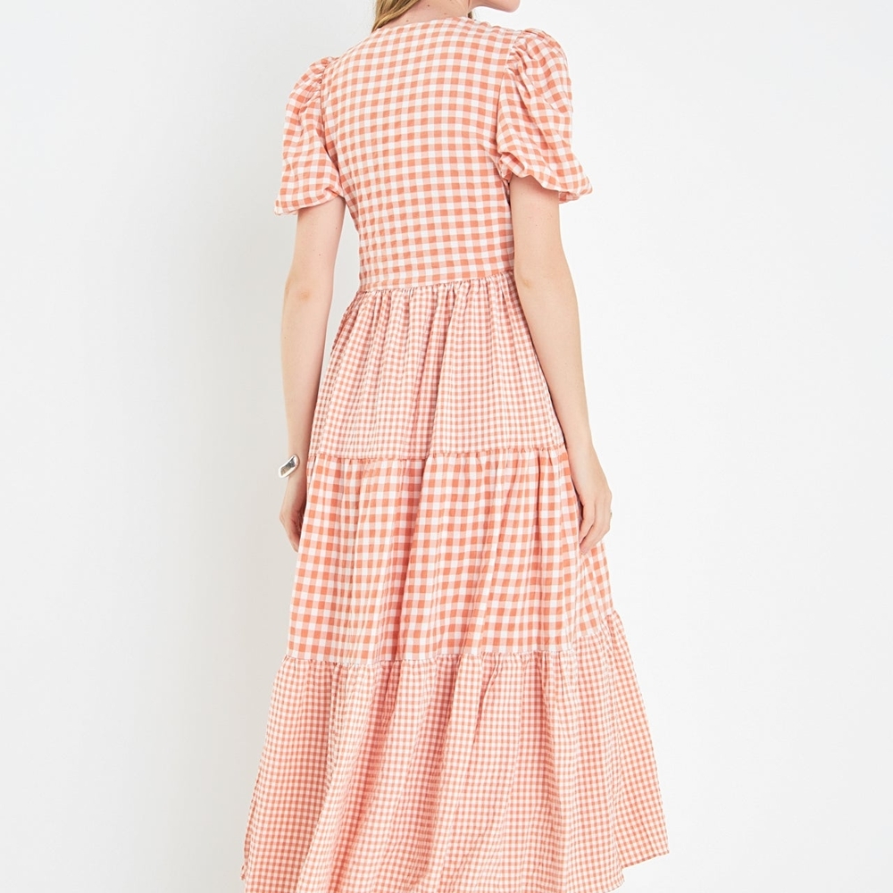 Gingham Puff Sleeve Midi Dress - Pink - Picture 4 of 5